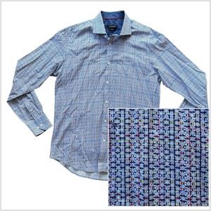 Bugatchi Large‎ Shaped Fit Blue Geo Long Sleeve Button Up Men's Shirt